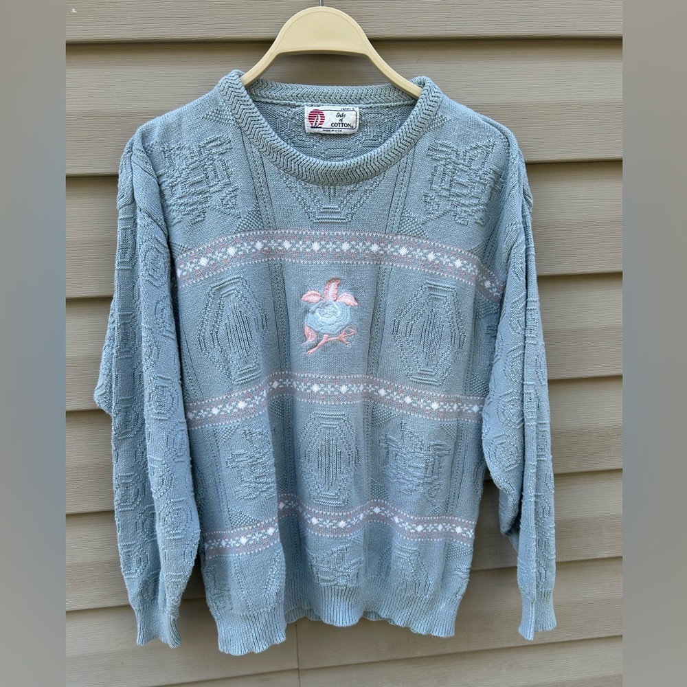 VTG Isle of Cotton grannycore sweater L crochet embroidered coastal grandma 90s